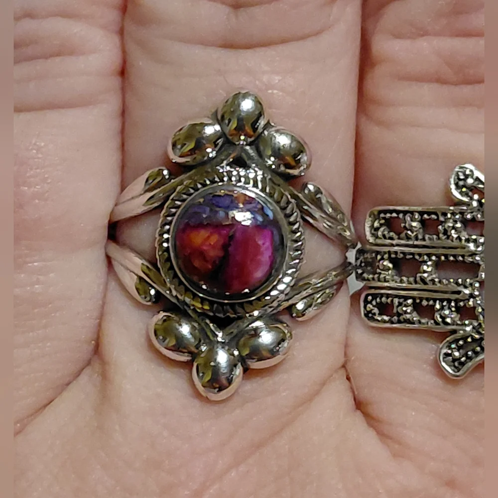 Pink Dahlia Turquoise Vintage Style Sterling Silver Ring Size 9.5